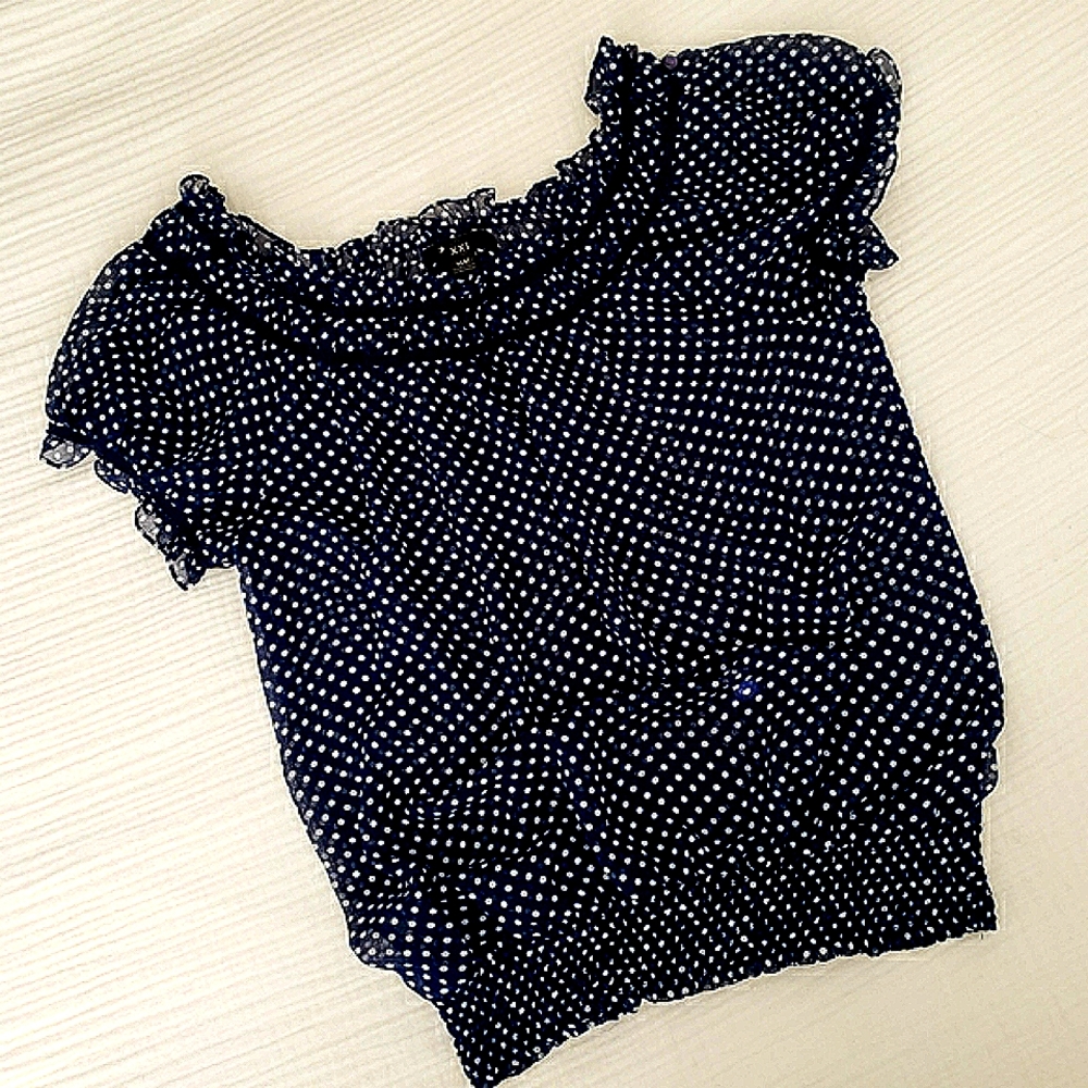 Navy sheer top, white polka dots. Medium. FOREVER 21